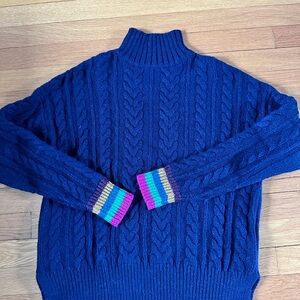 BODEN Navy women’s sweater. size M. Wool mix. Rainbow cuff NWOT.